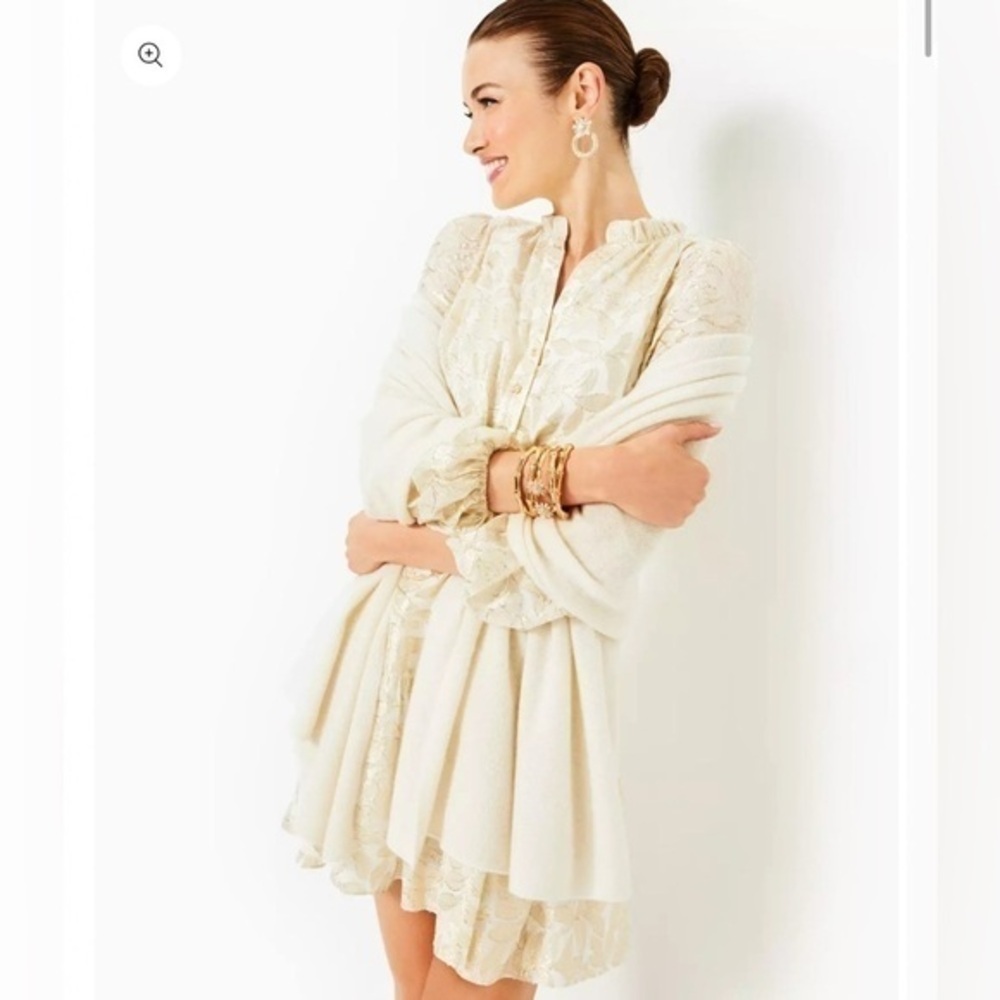 Lilly Pulitzer Evaline Metallic Silk Popover Dress Gold Shimmer Ruffle Size 10